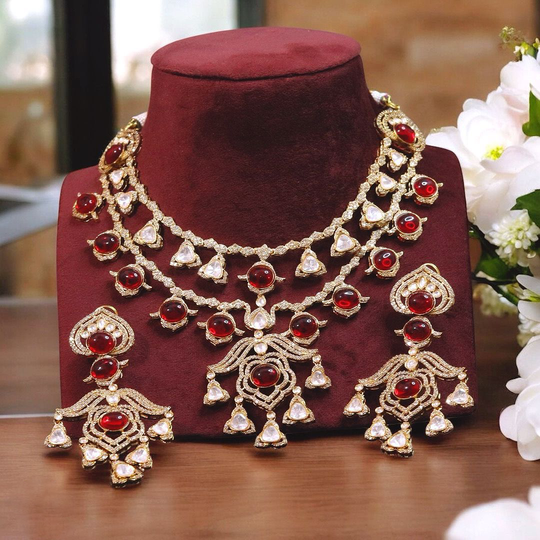 Layered Jaipuri Designed Necklace Set, Indian Ethnic Polki Necklace Set, Pakistani Statement Polki Necklace Set, Indian Polki Jewelry Set, Bollywood Polki Jewelry Set
