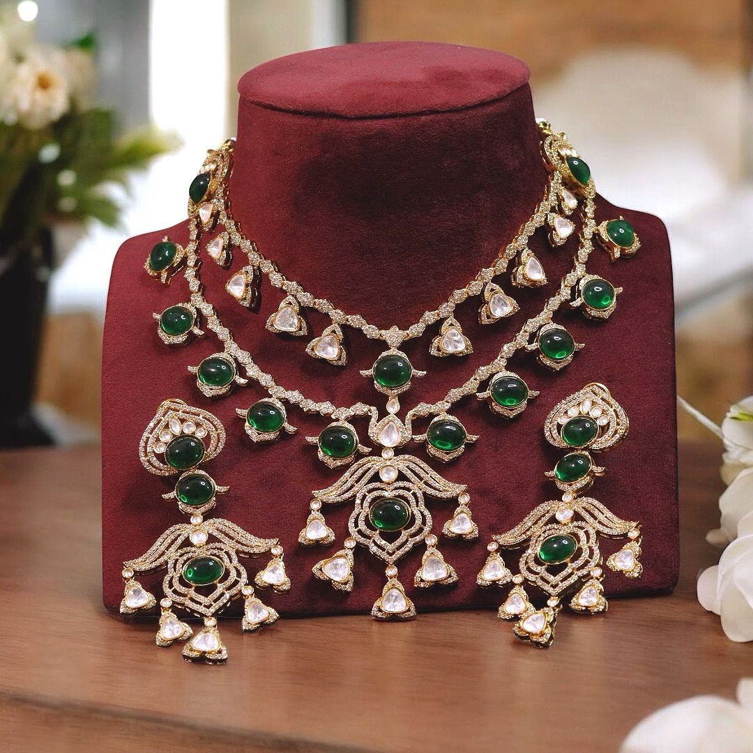Layered Jaipuri Designed Necklace Set, Indian Ethnic Polki Necklace Set, Pakistani Statement Polki Necklace Set, Indian Polki Jewelry Set, Bollywood Polki Jewelry Set