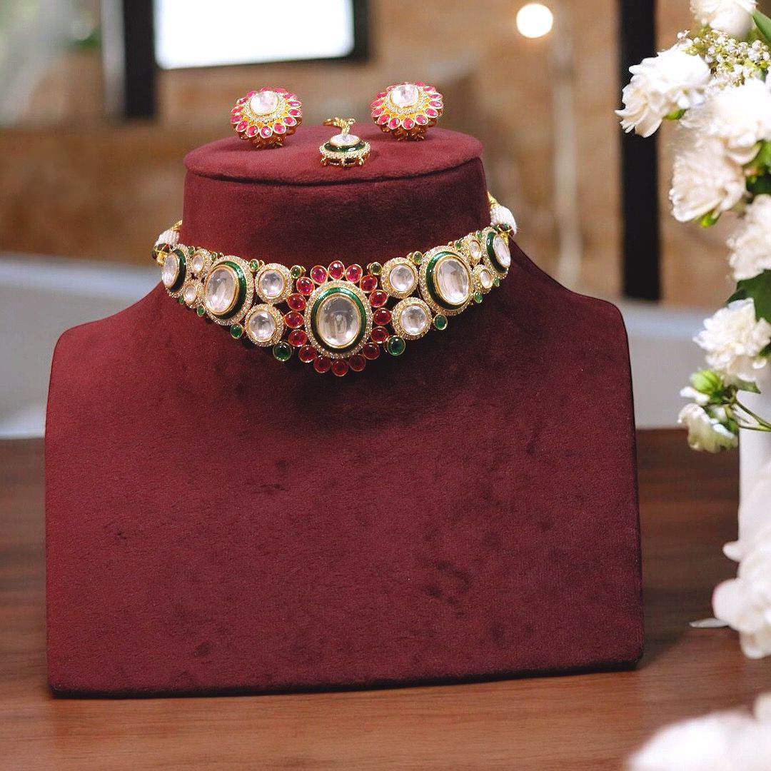 Bridal Wedding Floral Design Polki Choker Earrings Set, Wedding Floral Jewelry Set, Indian Floral Jewelry, Indian Choker Set