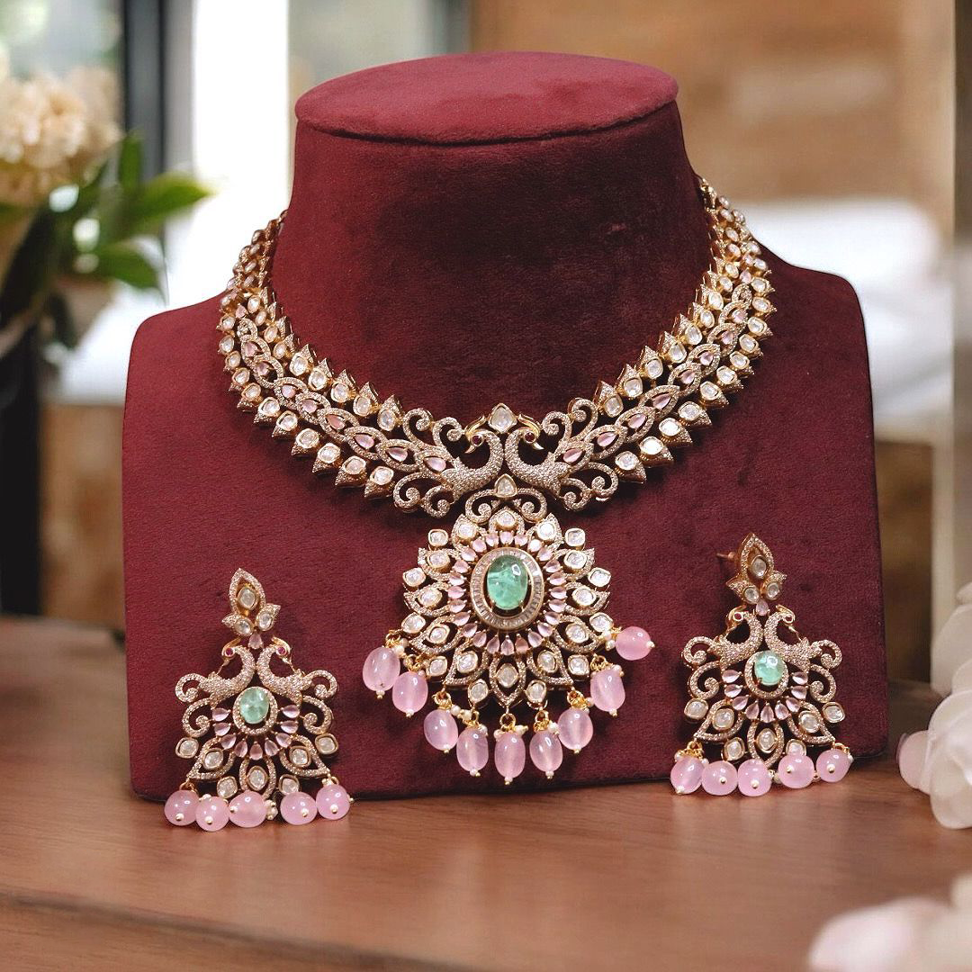 Rajsthani Peacock Design Polki Necklace Earrings Set, Indian Peacock Inspired Necklace Set, Peacock Jewelry Set, Bollywood Peacock Necklace Set, Wedding Peacock Polki Necklace Earrings Set