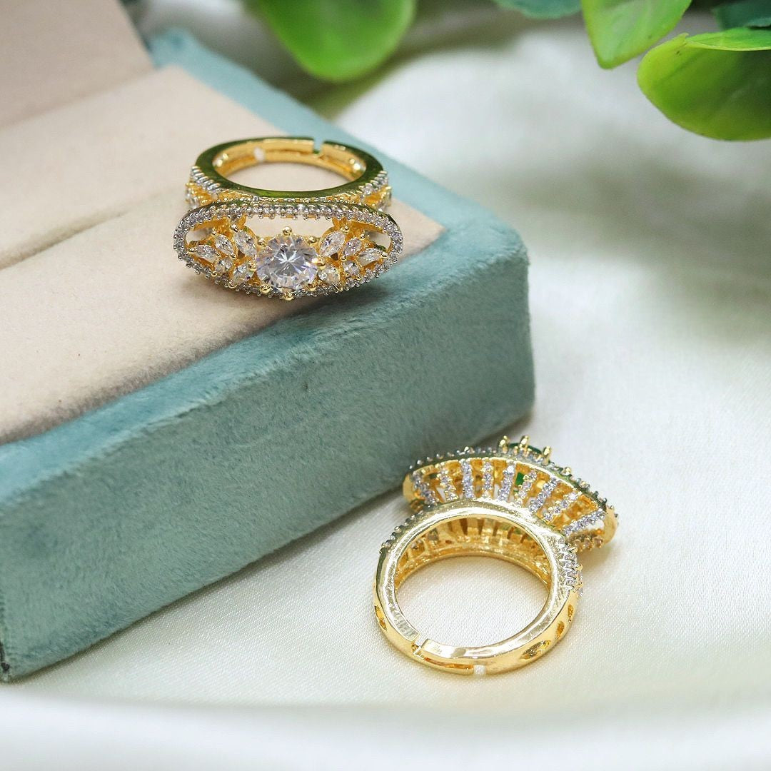Elegant Gold-Plated CZ Ring Set with Marquise & Round Cut Stones – Bridal & Party Wear