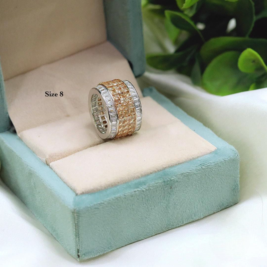 Gold-Plated Wide Band CZ Ring with Marquise & Round Stones – Statement Bridal Ring