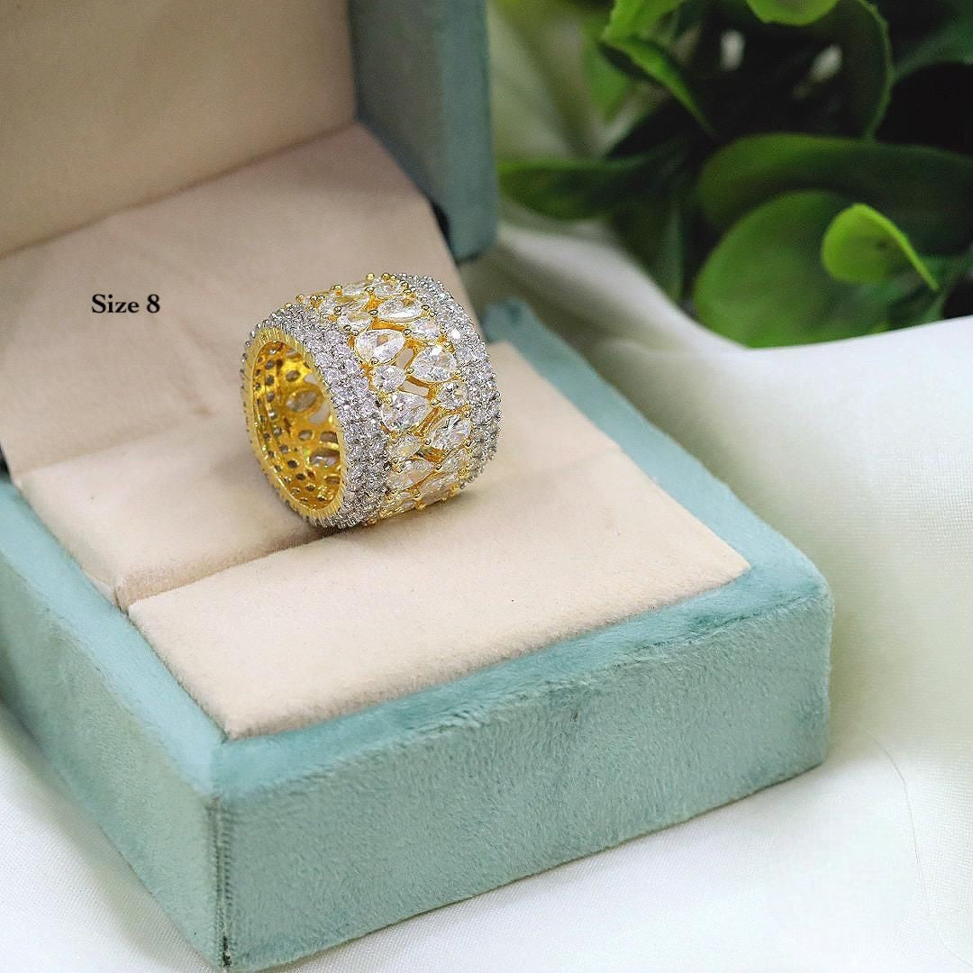 Gold-Plated Wide Band CZ Ring with Marquise & Round Stones – Statement Bridal Ring