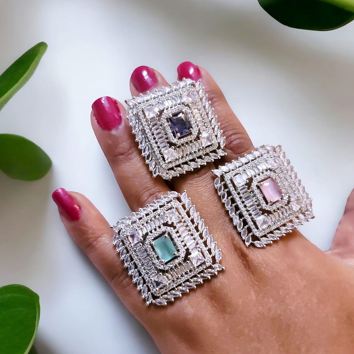 Silver-Plated Adjustable Cocktail Rings with Colored Stones | Statement Party & Bridal Jewelry