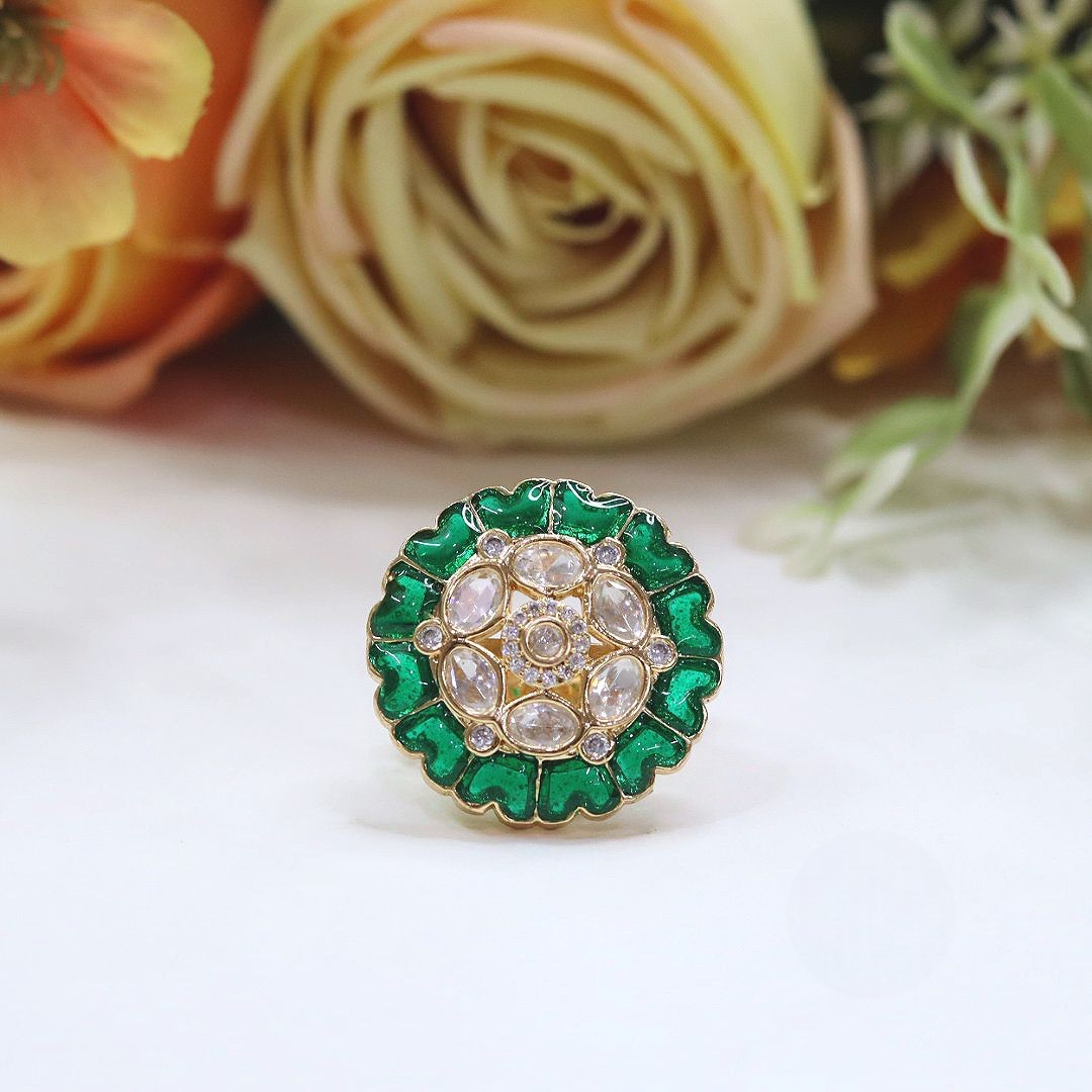 Pink Enamel Kundan Adjustable Ring | Indian Jewellery | Beautiful Kundan Stone Indian Ring Set