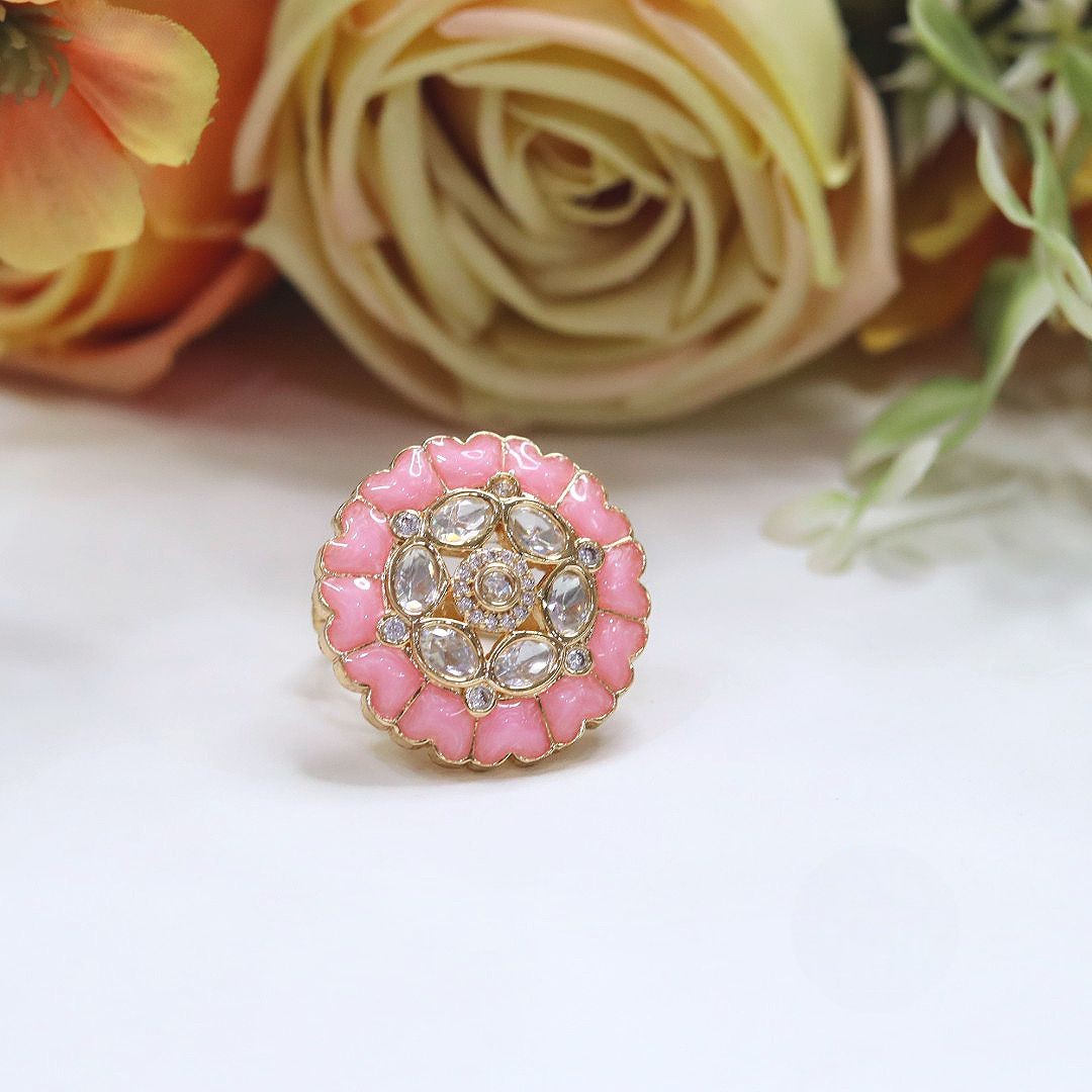 Pink Enamel Kundan Adjustable Ring | Indian Jewellery | Beautiful Kundan Stone Indian Ring Set