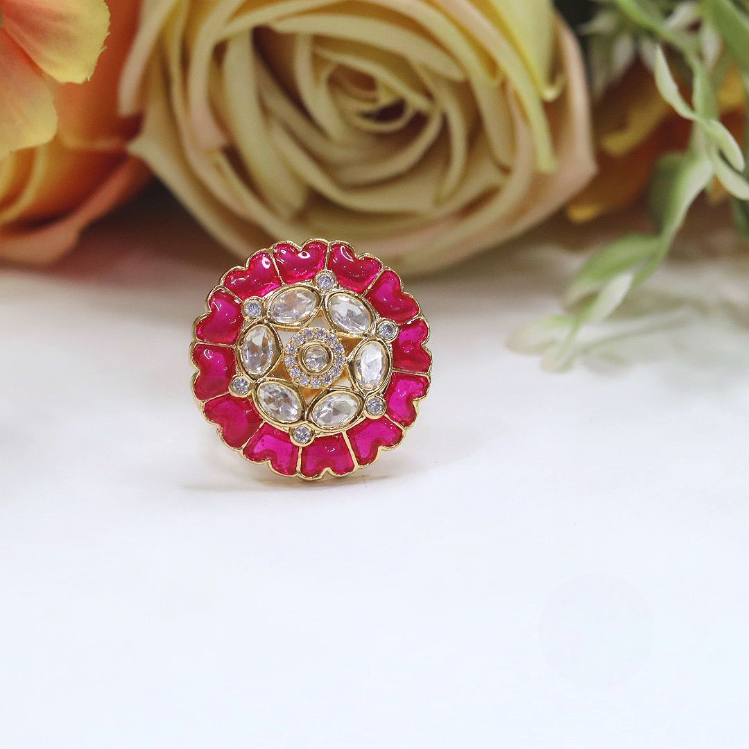 Pink Enamel Kundan Adjustable Ring | Indian Jewellery | Beautiful Kundan Stone Indian Ring Set