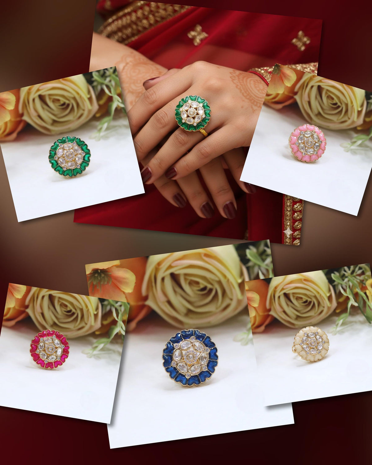 Pink Enamel Kundan Adjustable Ring | Indian Jewellery | Beautiful Kundan Stone Indian Ring Set