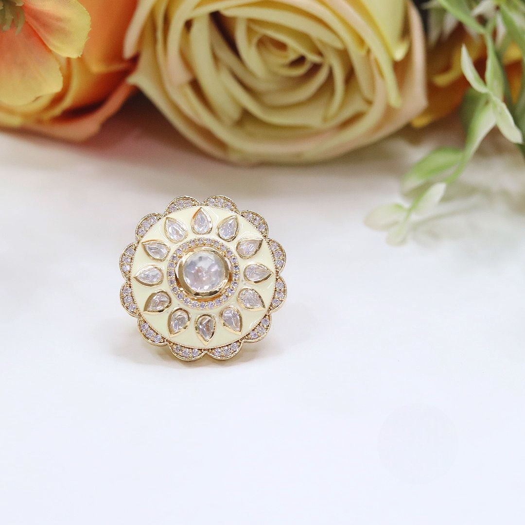Floral Polki Stone Ring | Indian Jewellery | Kundan Accents | Elegant Polki Kundan Indian Ring