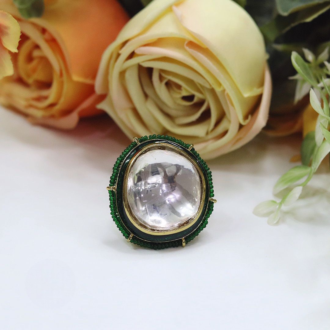 Polki Kundan Ring | Indian Jewellery | Beads Accents | Premium Polki Kundan Indian Ring Set