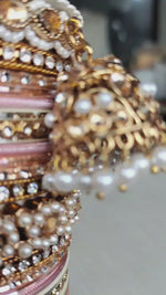Rose Gold Pearl Indian Bangles Bracelet Set with Jhumki Borders, Indian Wedding Bangle Set