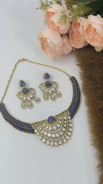 Royal Blue Kundan Necklace Set with Earrings for Women | Gold Plated Bridal Choker Jewellery | Traditional Indian Wedding & Party Wear