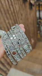Silver Mirror Stone Bangles Set | Indian Jewellery | Bridal Bangle Set | Premium Indian Bangles Set