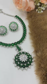 Emerald Green CZ Necklace Set with Stud Earrings for Women | Silver Plated Designer Bridal Jewellery | Indian Wedding & Party Wear