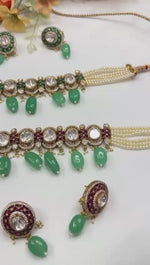 Pearl & Kundan Choker Necklace Set with Matching Earrings | Indian Jewellery | Beads & Ruby Detailing Jewellery Indian Neckles Set