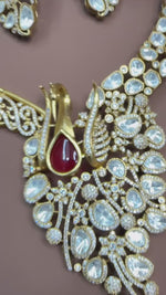 Peacock-Inspired Gold & Ruby Bridal Necklace Set with Earrings