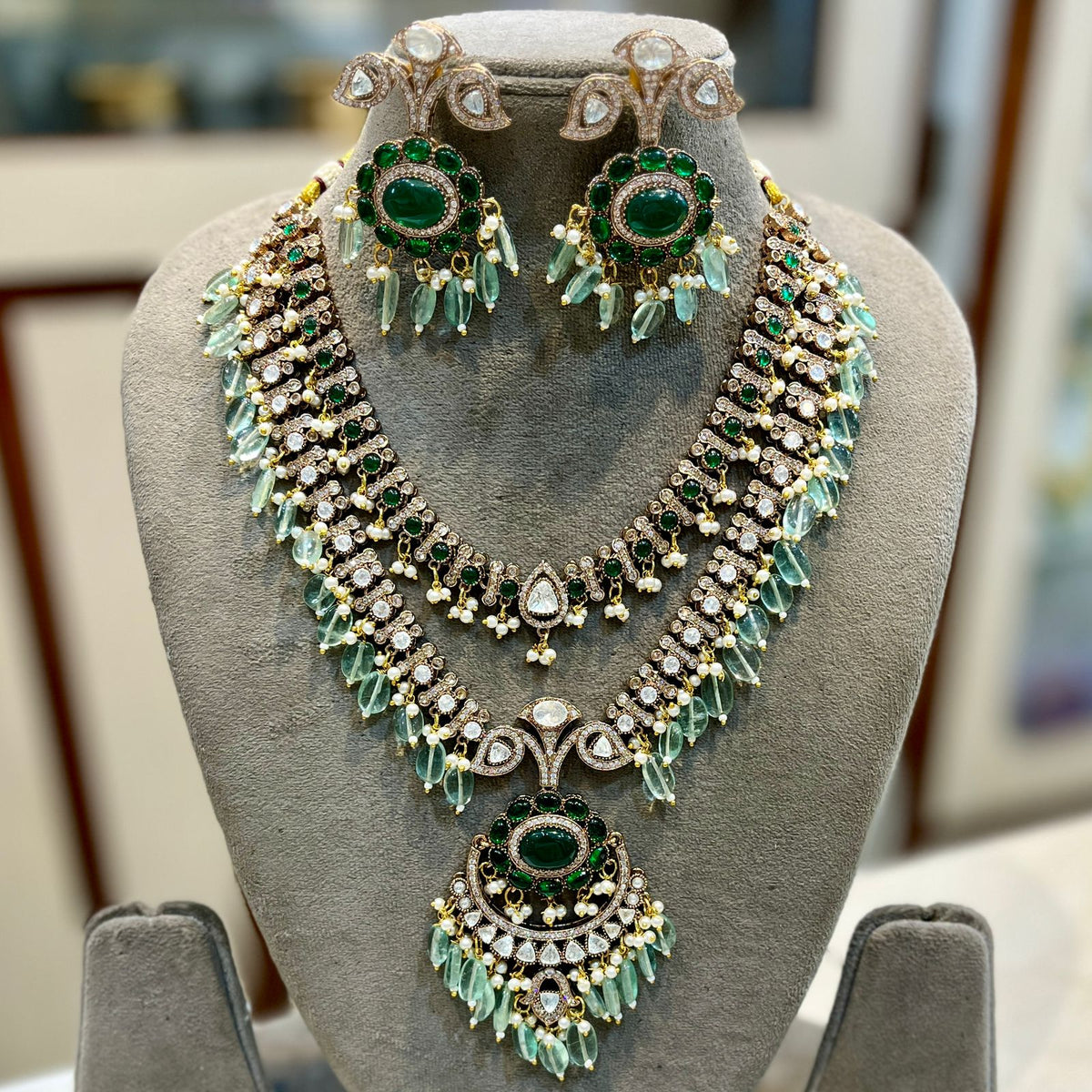 Celeb Inspired Wedding Layered AD Neclace Set, Layered AD Necklace Earrings Set, Model CZ Necklace Set, Indian AD jewelry Set, CZ Earrings Set