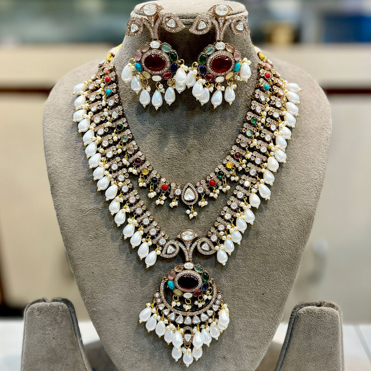 Celeb Inspired Wedding Layered AD Neclace Set, Layered AD Necklace Earrings Set, Model CZ Necklace Set, Indian AD jewelry Set, CZ Earrings Set